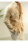 Men's 100% Linen Safari Jacket Breathable Belted Hunting Retro Coat Casual Tops