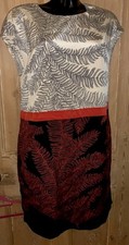 Red Ivory Black Silk Leaf Print Colourblock Shift T-shirt Dress Hobbs 10