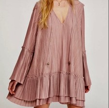 Free People Can't Help It Pleated Swing Dress Size XS Dusty Rose Tassels Flare