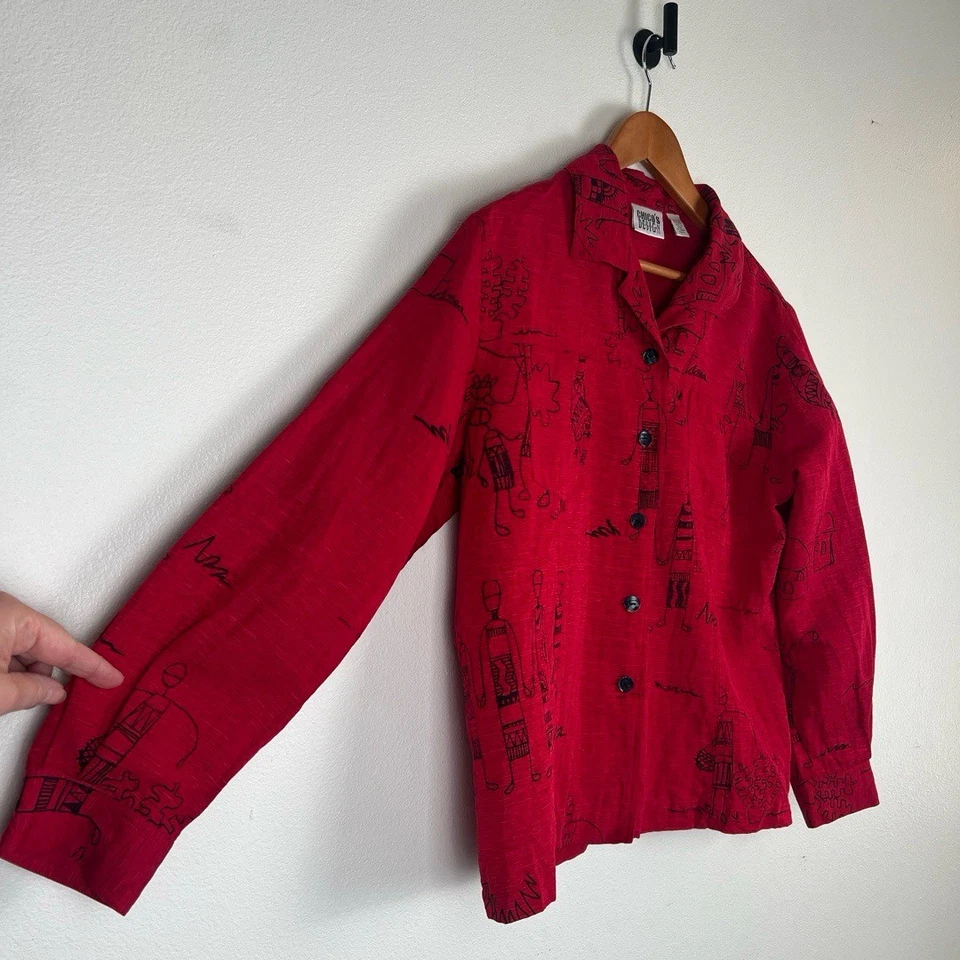 Chico's 衬衫女式 XL 红色黑色部落图形艺术长袖波西米亚艺术 — 第 3/4 张图片