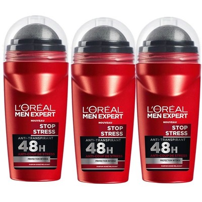 3x 50ml Loreal Men Expert Stop Stress Anti Transpirant 48h XXL Roll On