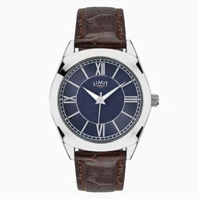Limit Classic 39mm Mens Round Silver Analogue Watch with Brown Strap