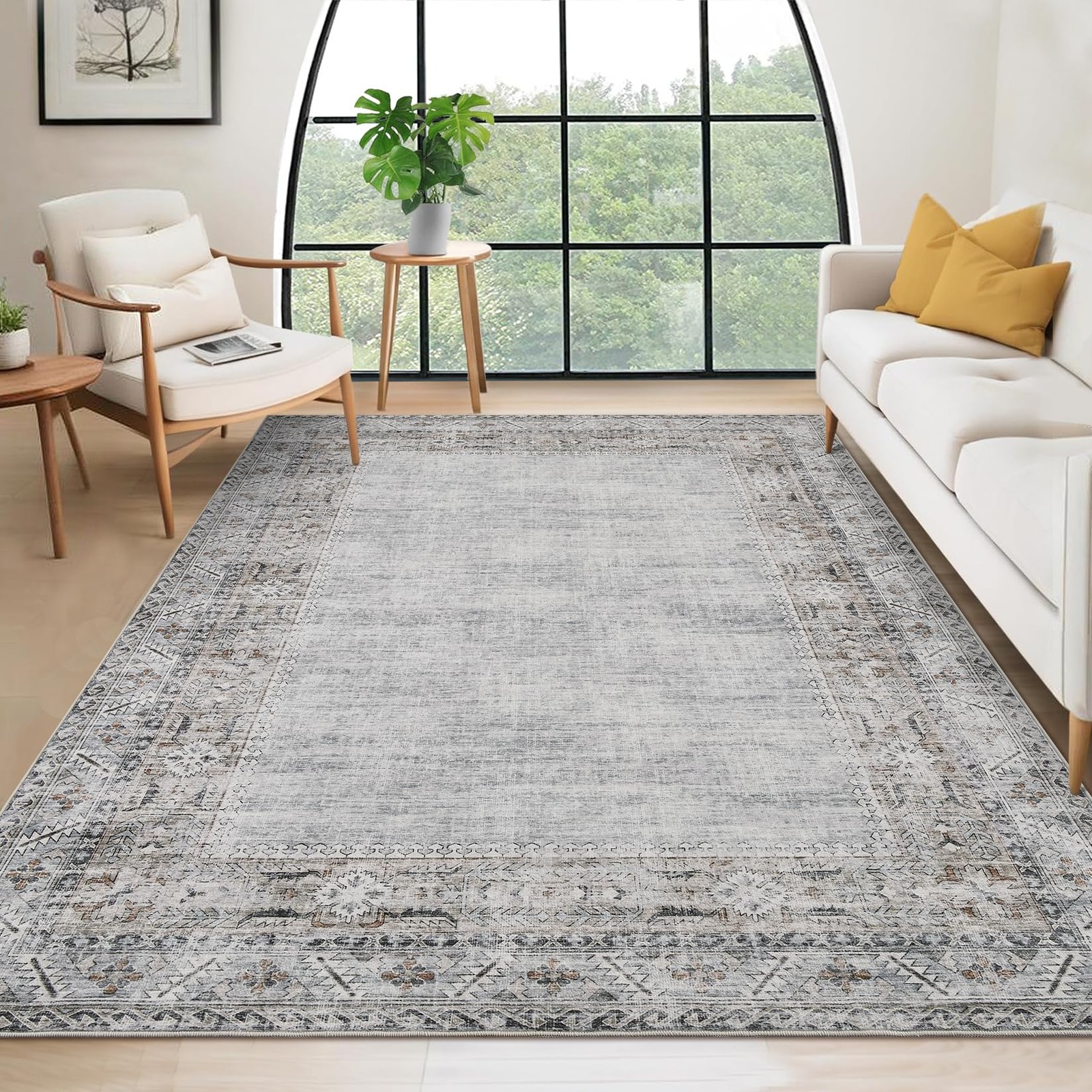 5x7 Washable Area Rug for Living Room Vintage Border Rug Stain Resistant Dini...