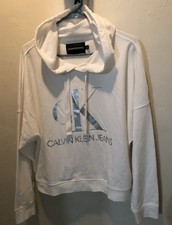 Calvin Klein Jeans Women's White Pullover Hoodie CK Logo Size M Fleece Cotton XL