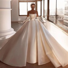 Elegant Wedding Dresses Pearls Beach Boho Sweep Train A-Line Satin Bridal Gowns