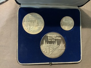 BRD 3 Silbermedaillen 1973 PP Besuch von Breschnew/Willy Brandt im Etui