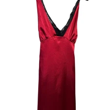 Red Satin Slip Dress Black Lace Trim Maxi Gown Lingerie UK size 10 / US 6 Party