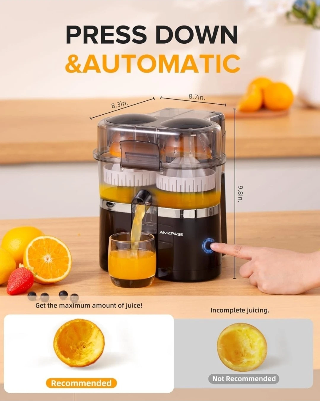 Dual-Head Electric Juicer with Power Cord and Cleaning Brush, 1-Button Automatic