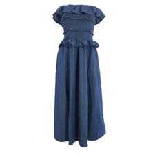 ASOS DESIGN Blue Denim Off Shoulder Smocked Maxi Dress Frill Detail UK 8 10