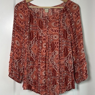 Lucky Brand Rust Ikat Tribal Print Peasant Blouse Boho Western Festival Style