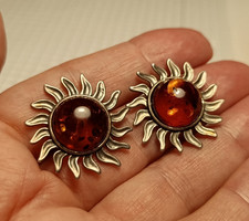 Sonnen Ohrstecker Silber mit Bernstein Caboch...
