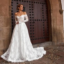 Sweetheart Wedding Dresses 3/4 Sleeves A-line Backless Lace White Bridal Gowns