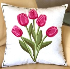 18x18 Embroidered Tufted Bouquet of Bright Pink Tulips Throw Pillow Cover New