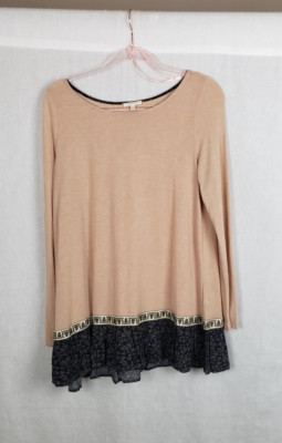 Easel Tunic Top Oversized S Tan Black Peplum Pleated Hem Casual Boho Peasant