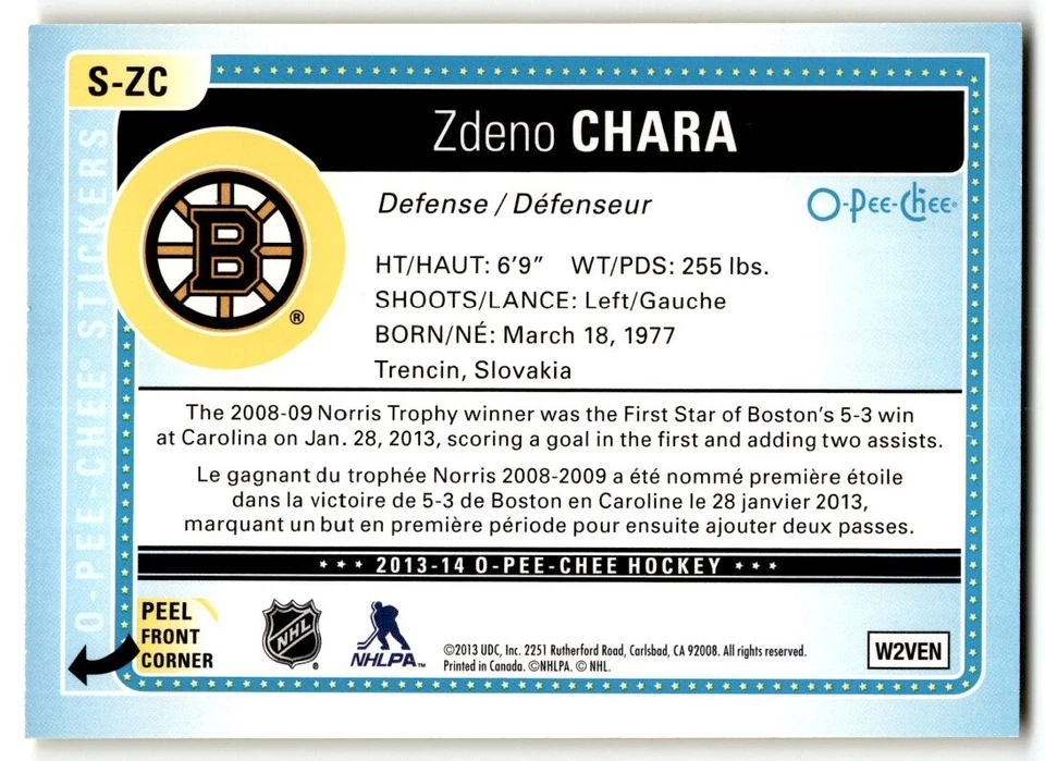 2013-14 O-Pee-Chee Stickers Zdeno Chara #S--ZC Boston Bruins - Image 2 of 2
