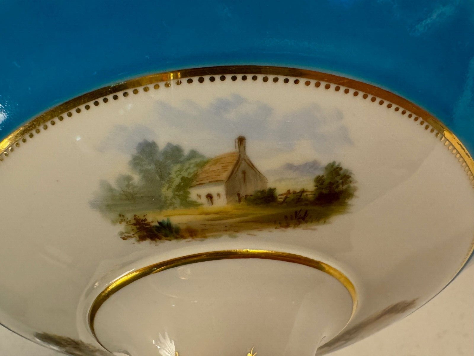 Antique Minton Porcelain Compote Blue Gold & Painted Landscape Scenes Decoration