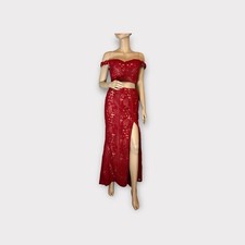 Ellie Wilde Mon Cheri Size 4 red Lace Crochet Nude Illusion prom dress EW118059
