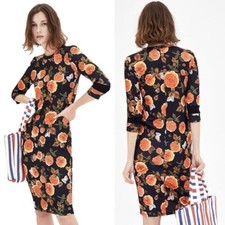ZARA Black Orange Floral Midi Bodycon Dress, S