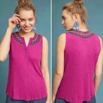 Akemi Kin Anthropologie Tank Top Women's XS Magenta Vizela Embroidered Boho