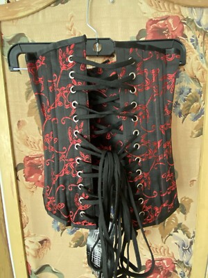 NWT Corset Black Red Satin Burlesque Oriental Design Lace Up XS S Sz20 Goth