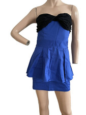 NEW LOOK LTD ED BLUE COTTON PEPLUM BOW PARTY MINI DRESS UK 10 EU 38 US 6 S BNWT