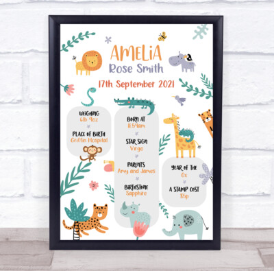Neu Baby Geburt Details Dschungel Tiere Taufe Kinderzimmer Andenken Geschenk Druck