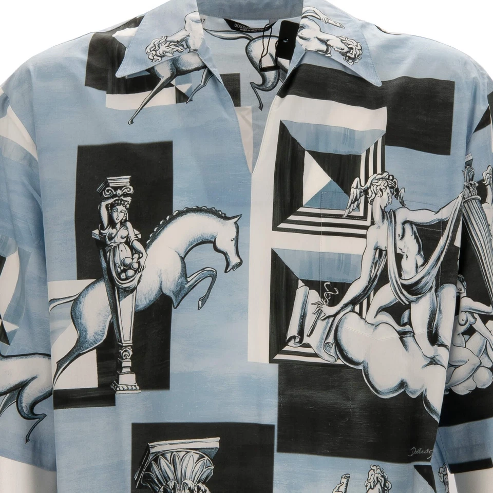 Camisa de algodão DOLCE & GABBANA Gio Ponti Design tamanho grande manga curta azul branca - Imagem 4 de 4