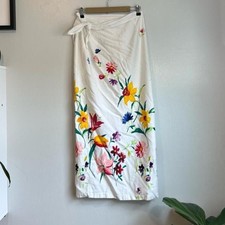 HW Vintage Wrap Skirt Women's White Floral Print Tulips Daisies Statement Piece