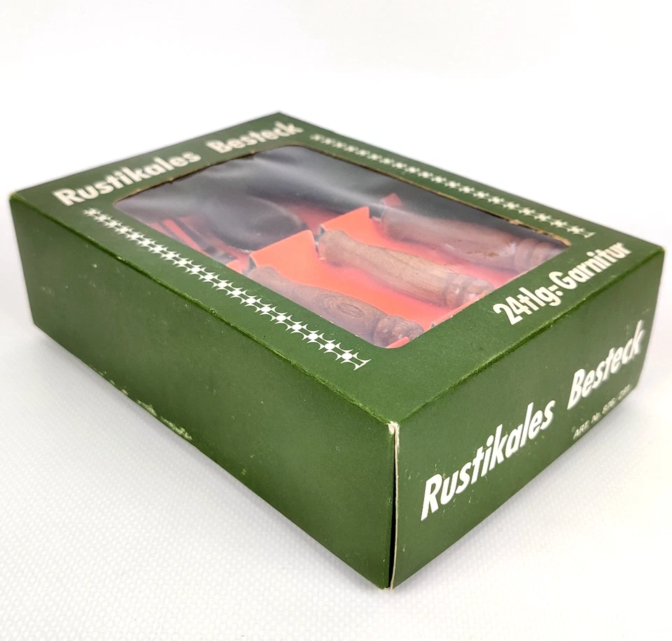 Vintage 70er Besteckgarnitur Rustikal 24-tlg mit Holzgriffen – OVP, unbenutzt - Bild 2 von 4