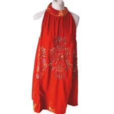 Free People Mini Dress Womens L Burnt Orange Velvet Sequin High Neck Glamorous