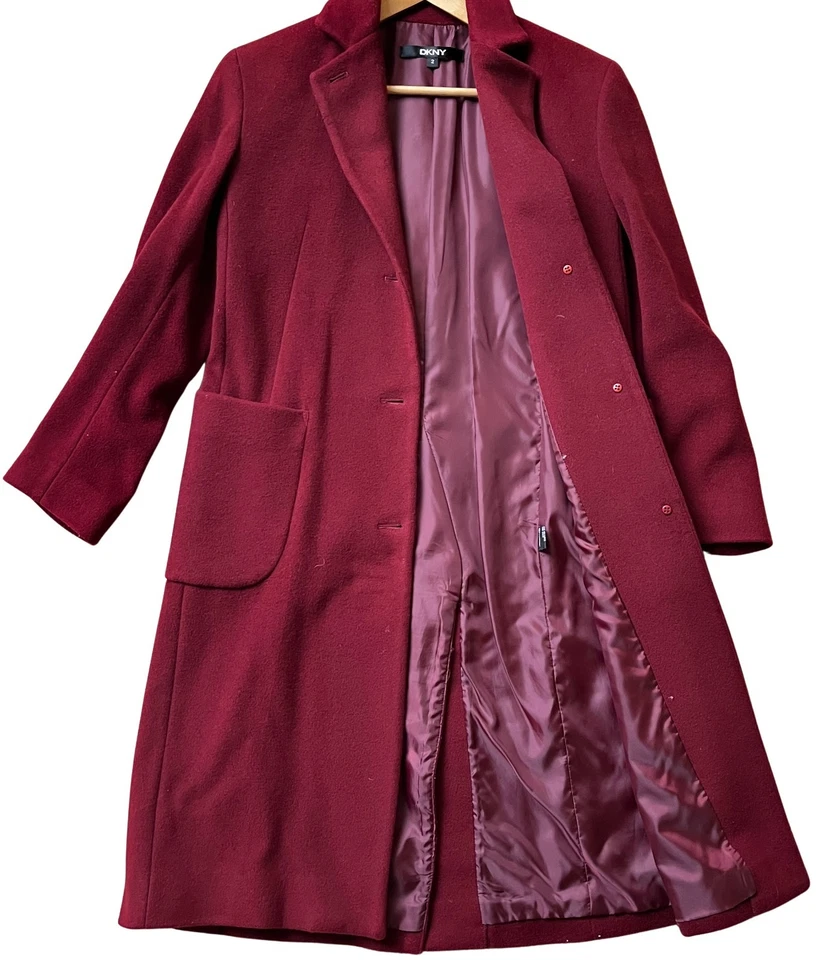 DKNY Y2K Chesterfield Coat Women's Size 2 Burgundy Maroon Wool Blend Vintage 90s - Image 3 of 4