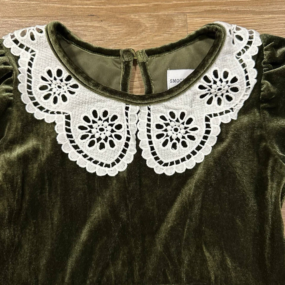 Vestido de terciopelo verde manga larga con cuello de encaje fiesta para niñas 8 dulces ajustados Foto 3 de 4