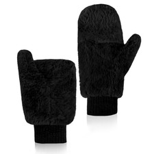Faux Fur Mittens Fingerless Gloves Convertible Fluffy Winter Flip Cover 1 Black