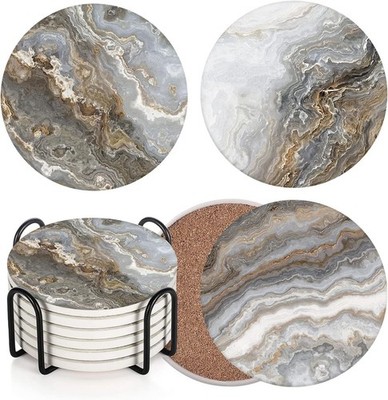 Britimes Coaster for Drinks Set of 6, Grey Marble Golden Stone Agate Table Absor