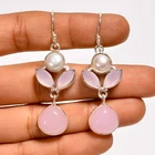 Rose Quartz Biwa Pearl Gemstone 925 Silver Handmade Dangle Earrings 2" ARE-6205
