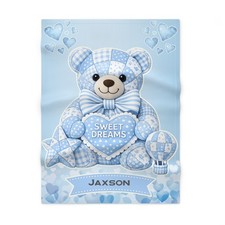 Blue Patchwork Teddy Bear Sweet Dreams baby blanket  soft fleece nursery decor