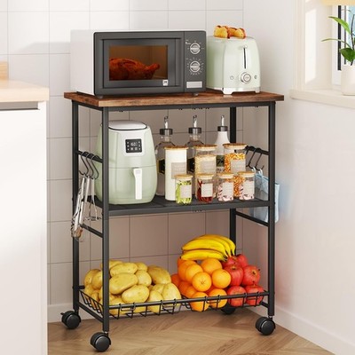3-Tier Rolling Kitchen Cart Microwave Stand with Basket Hooks Storage