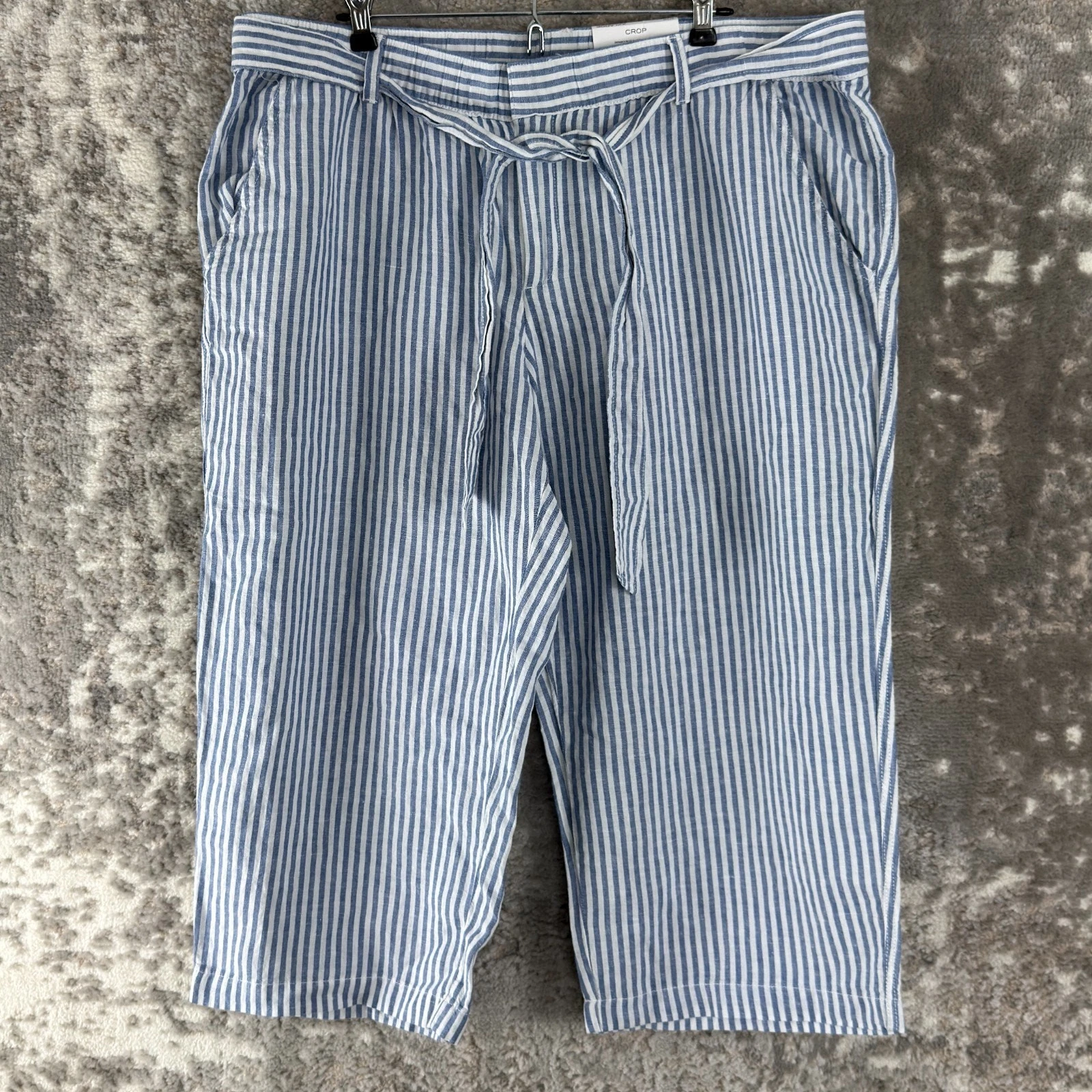 NEW Liz Claiborne Size XXS Linen Striped Cropped Capri Tie Pants Blue Casual