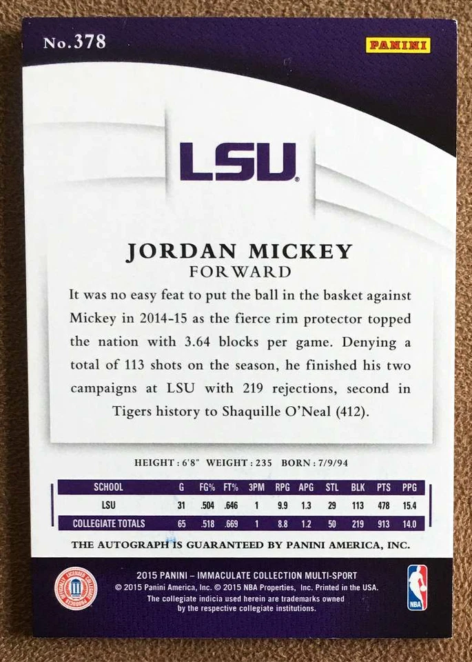 2015-16 Immaculate Collegiate Numbers autógrafo de novato #378 Jordan Mickey/99 Foto 2 de 2