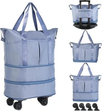 VOOWO Rolling Duffle Bag with Wheels, Expandable Foldable Duffel Blue 
