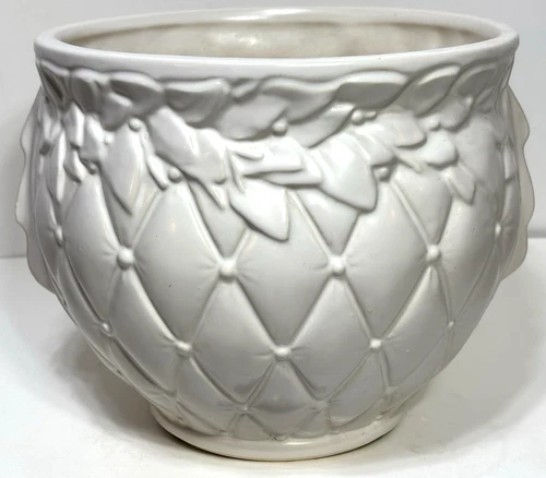 Vintage McCoy Pottery Jardiniere Quilted Diamond and Leaves Matt White