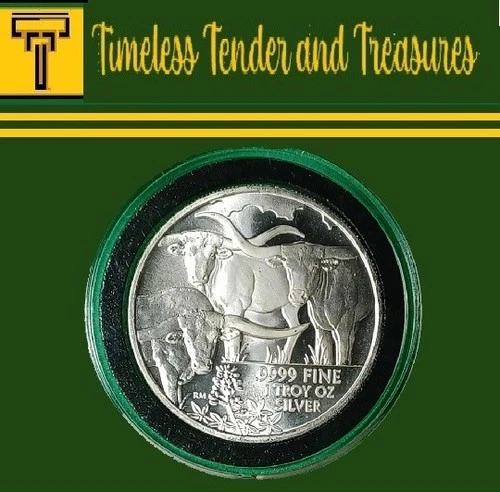 2014 Texas Precious Metals Cattle 1 oz .999 Silver Art Round • BU in capsule
