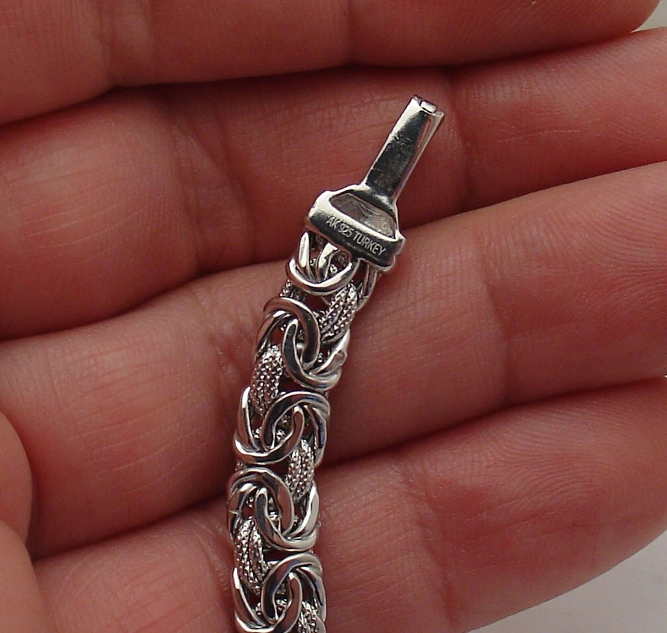 Pulsera de eslabones bizantinos texturizados bloqueo plegable antideslustre plata de ley real Foto 4 de 4