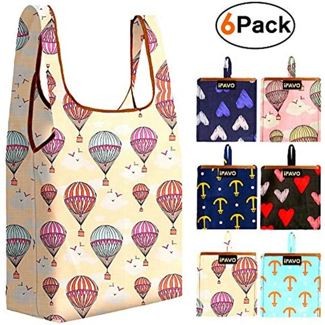 6 Pack Reusable Shopping Bags Packable Grocery Machine Washable, Large
