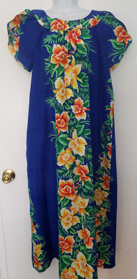 Vintage Hawaiian Muumuu Dress HILO HATTIE Blue Bright Floral Maxi ...