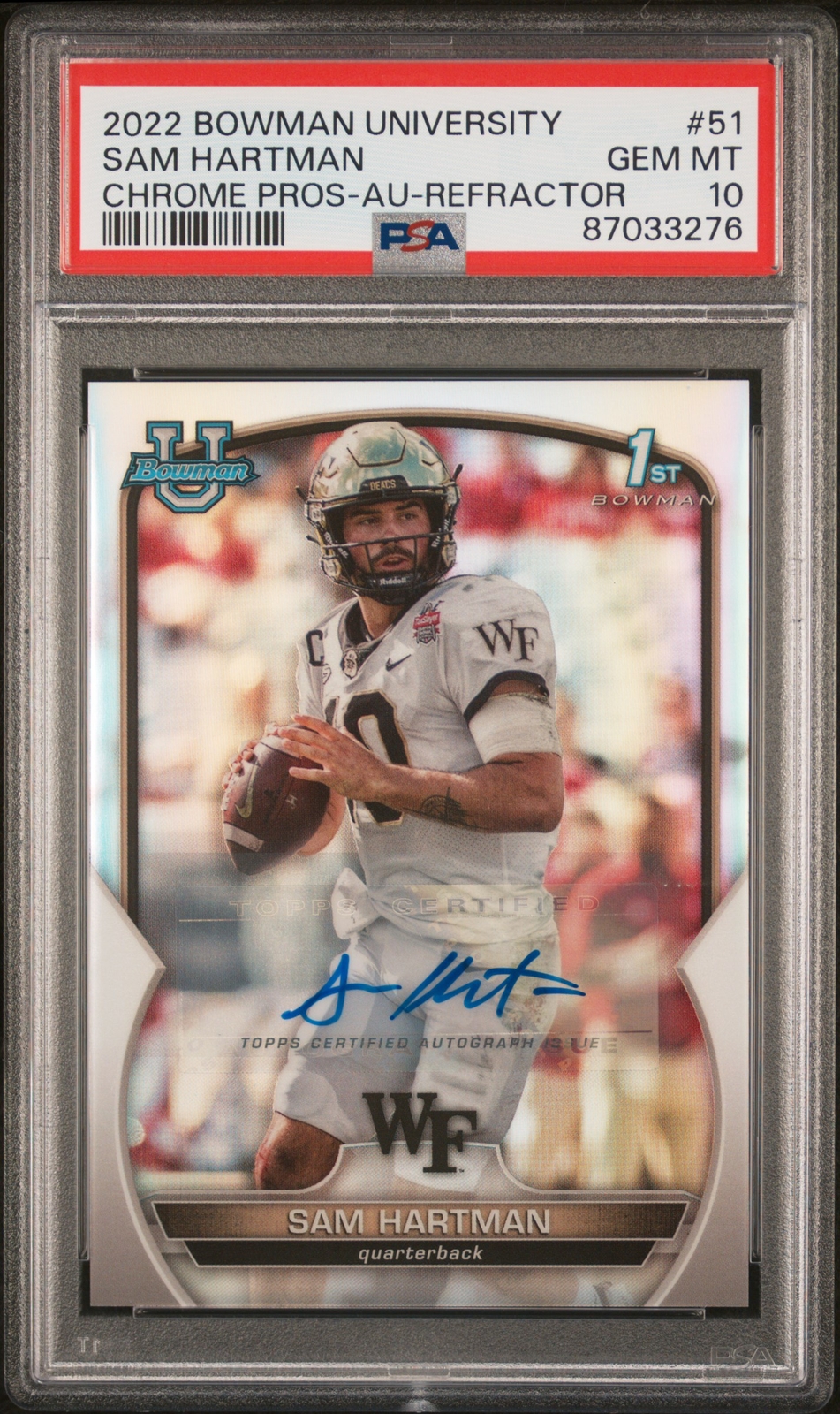 2022 Bowman University Sam Hartman Chrome Prospects Refractor Auto #/499 PSA 10