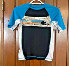 OP Youth Size Medium Rash Guard Swim Shirt Short Sleeve Black Blue Tropical