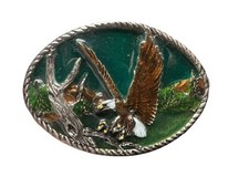 Vtg Colorful Bald Eagle Enamel Outdoors Forest Tree Branch Pewter Belt Buckle