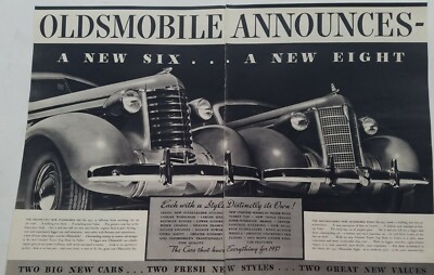 1937 Oldsmobile Six Eight car each with style vintage two-page ad