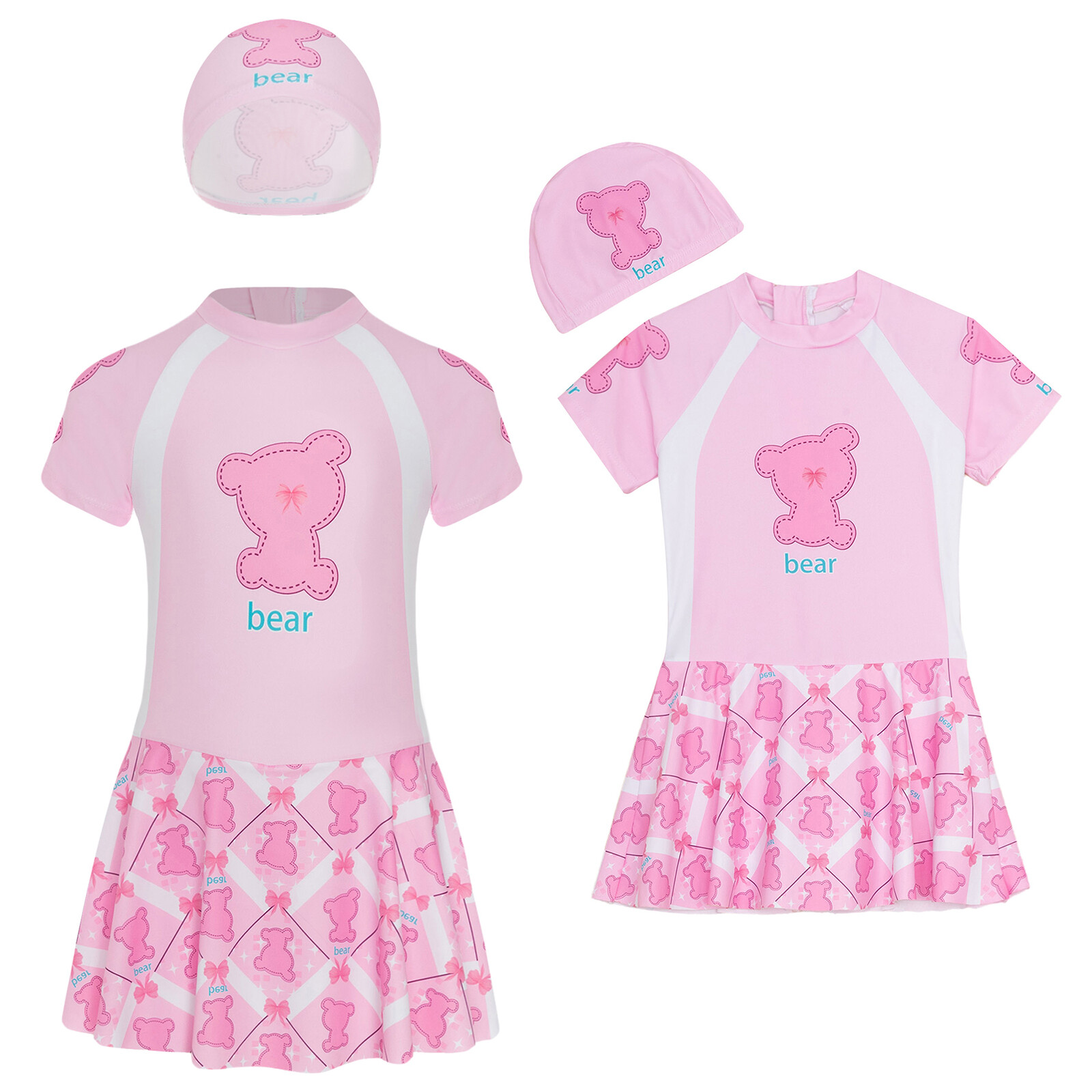 Girls Swimsuit Elastic Bathing Suit Cute Dress With Swim Hat Built-in Shorts-image